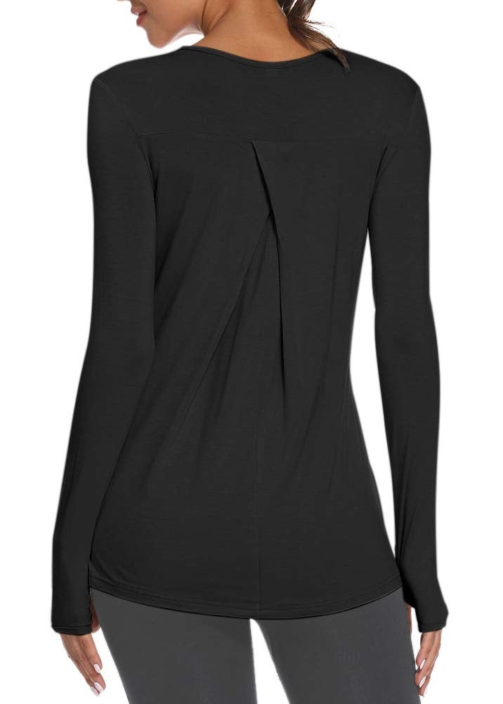 Mippo Womens Workout Athletic Yoga Long Sleeve Shirts Gym Pilates Clothes Soft Long Tunic Tops with Thumb Holes Black L - Image 5